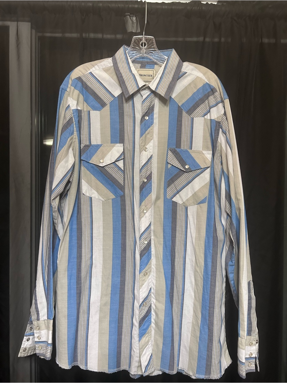 Frontier Blue White Gray Striped Casual Button-Down Shirt